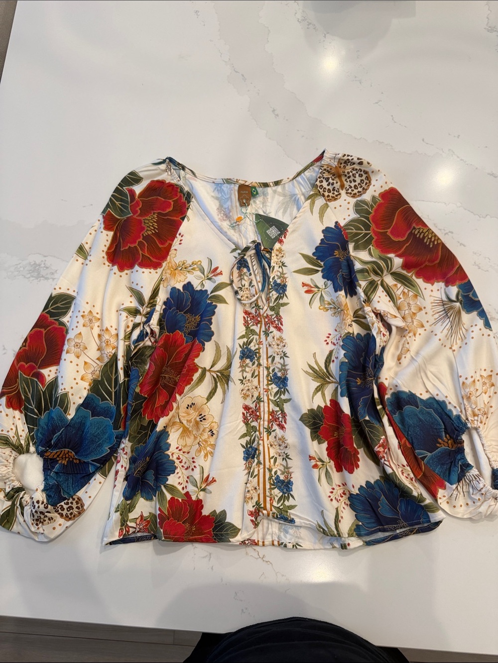 FARM Rio Cream Floral Tie-Neck Blouse with Red & Blue Blooms